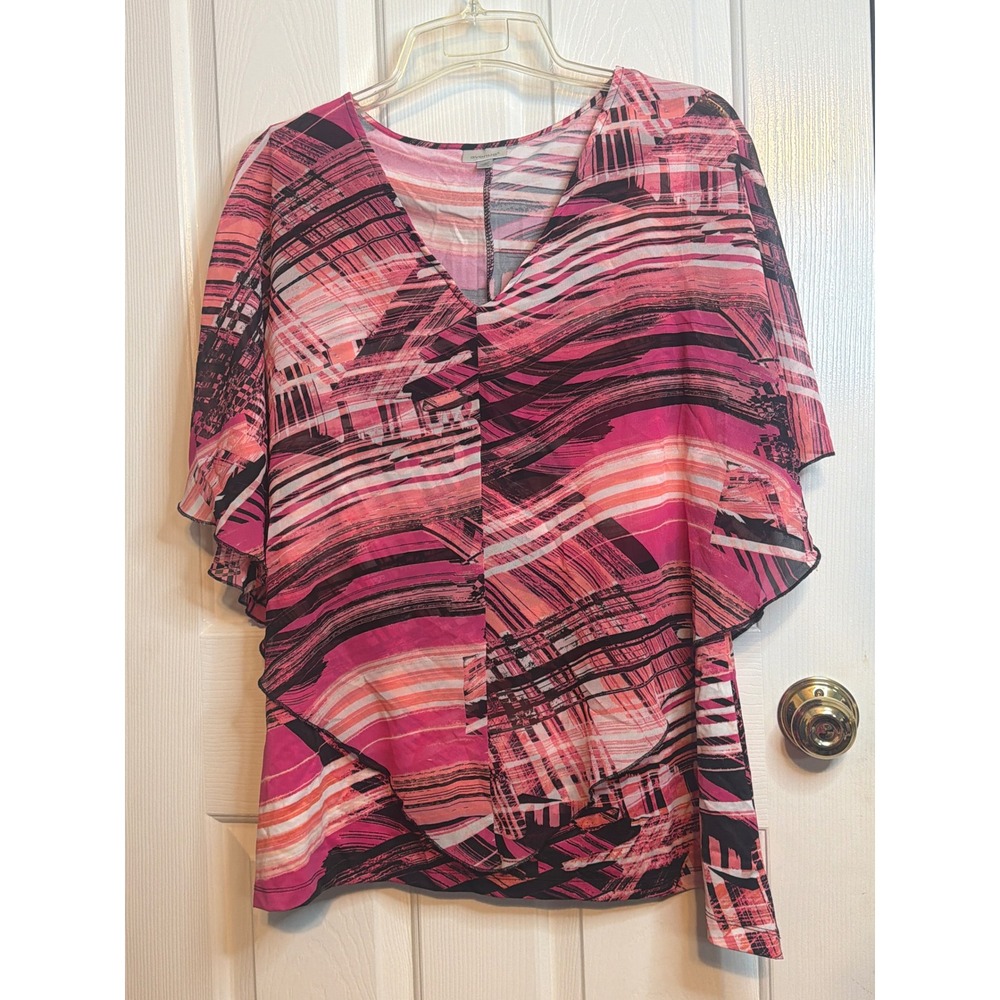 Avenue Womens Pink Black Abstract V-Neck Flutter Sleeve Blouse Top 14/16